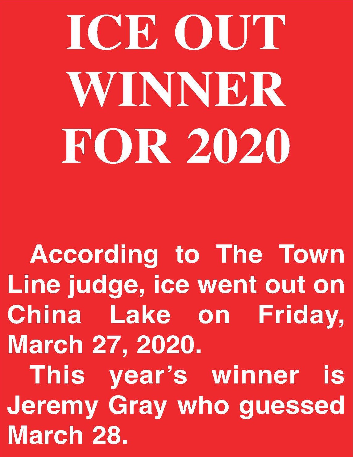 ICE OUT 2020? Take a guess. Win a prize! The Town Line Newspaper